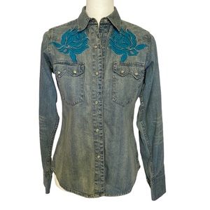 Western Denim Bank denim shirt w/teal embroidery & silver sequin embellishment